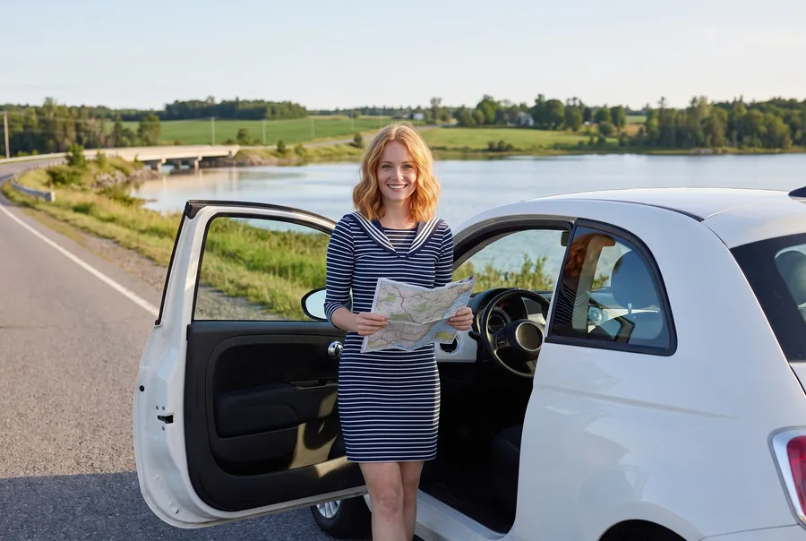 Young woman with a road map by a car along the bay