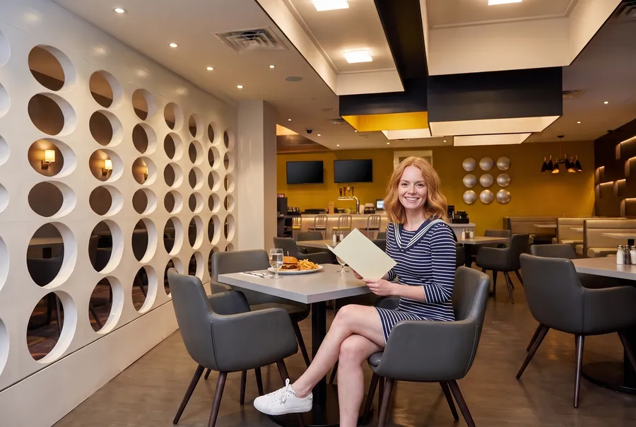 Woman at supper by the wall of round openings